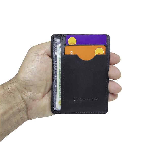 Carteira Masculina Compacta Porta Cartão Couro Legítimo - Preto