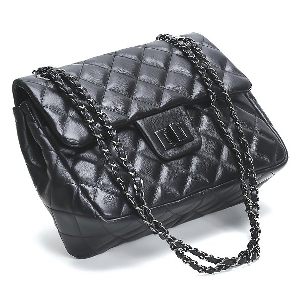 Bolsa Feminina Couro Legitimo Matelassê Média Preto C/ Grafite