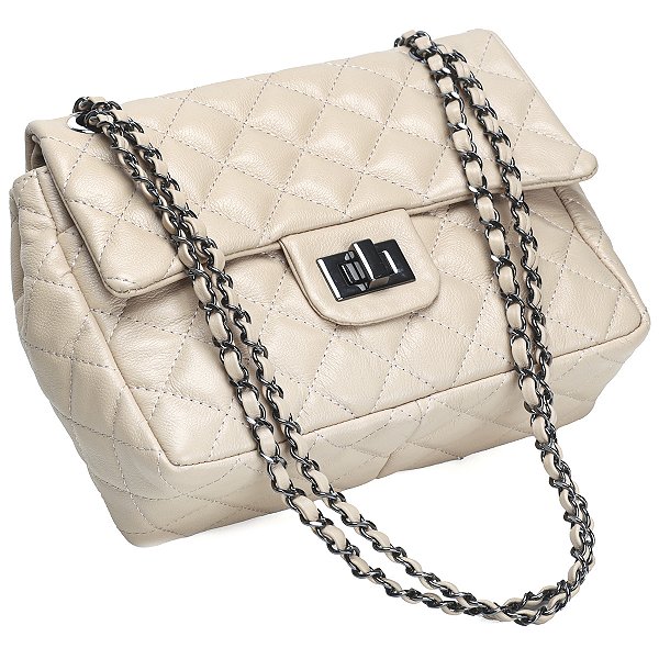 Bolsa Feminina Couro Legitimo Matelassê Média Nude C/ Grafite