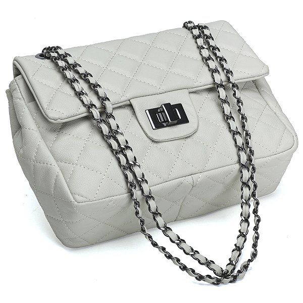 Bolsa Feminina Couro Legitimo Matelassê Média Off-white C/ Grafite