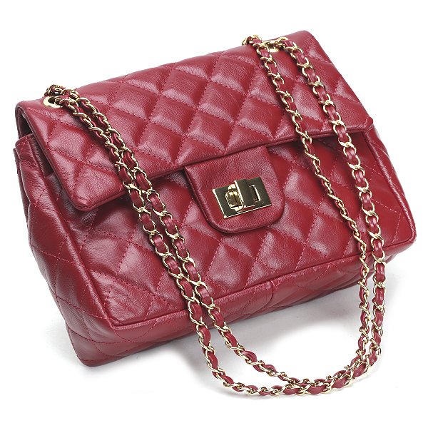 Bolsa Feminina Couro Legitimo Matelassê Média Vermelha C/ Dourado