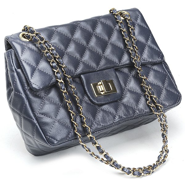 Bolsa Feminina Couro Legitimo Matelassê Média Azul C/ Dourado