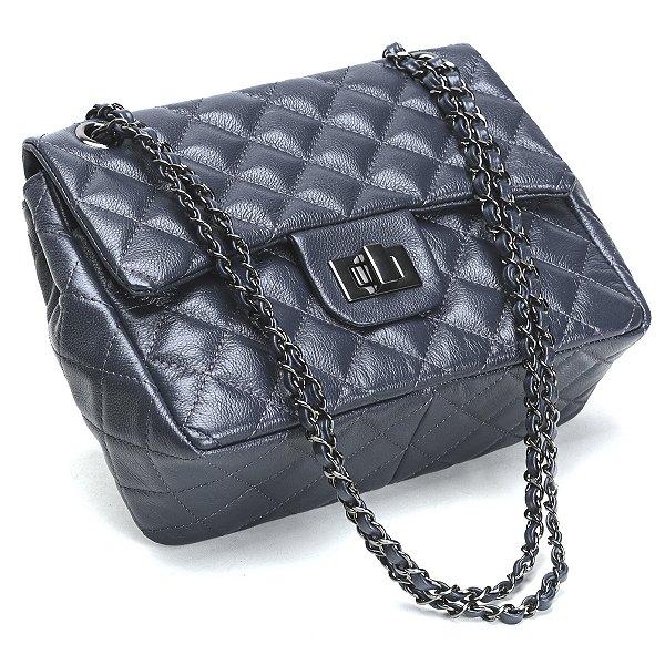 Bolsa Feminina Couro Legitimo Matelassê Média Azul C/ Grafite