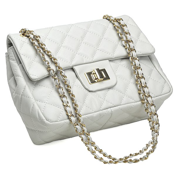 Bolsa Feminina Couro Legitimo Matelassê Média Off-white C/ Dourado