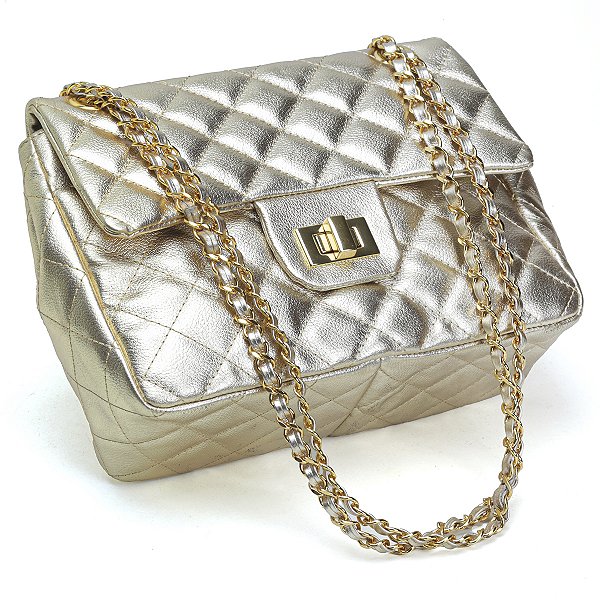 Bolsa Feminina Couro Legitimo Matelassê Média Ouro Light