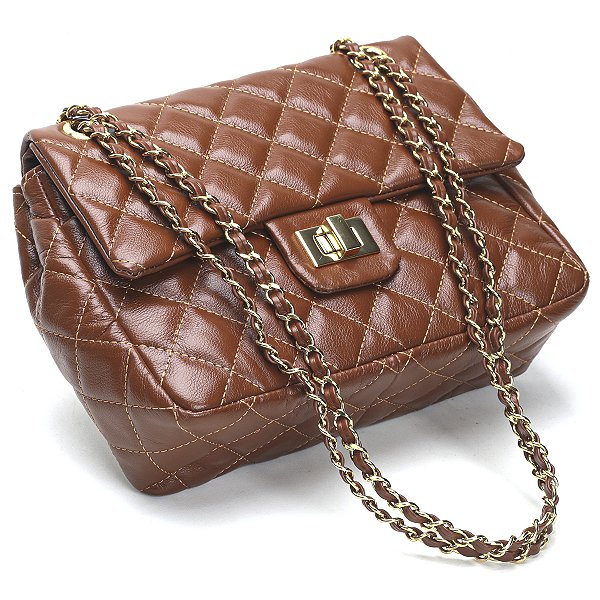 Bolsa Feminina Couro Legitimo Matelassê Média Marrom C/ Dourado