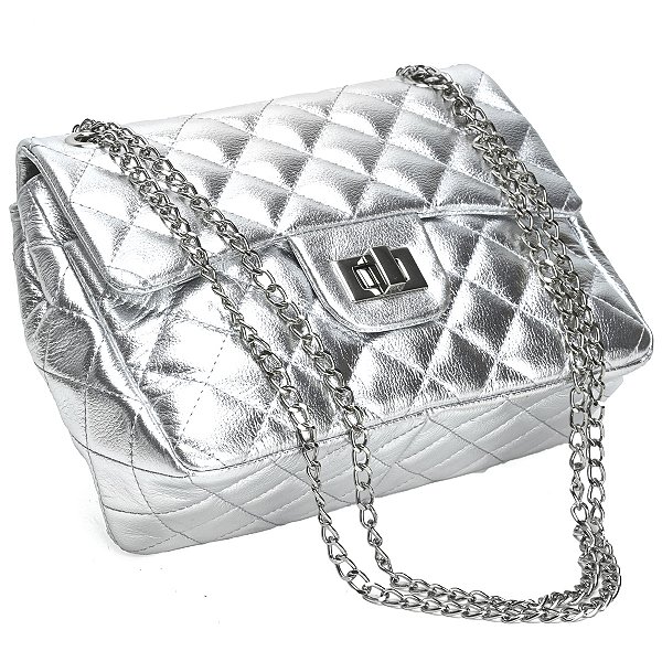 Bolsa Feminina Couro Legitimo Matelassê Média - Prata