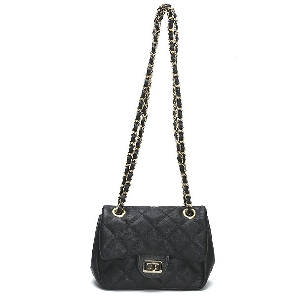Bolsa Feminina Couro Legitimo Matelassê Mini Bag - Preta C/ Dourado