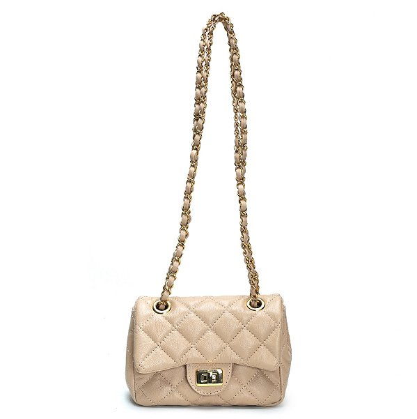 Bolsa Feminina Couro Legitimo Matelassê Mini Bag - Nude C/ Dourado