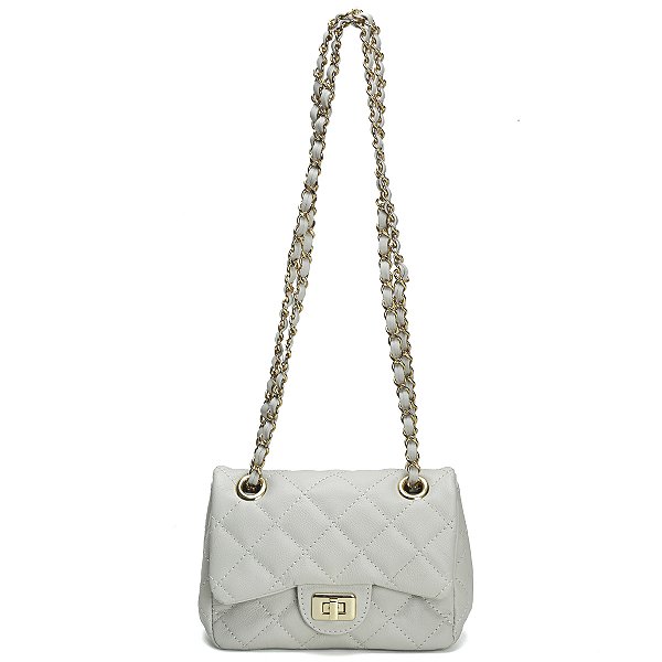 Bolsa Feminina Couro Legitimo Matelassê Mini Bag - Off-white C/ Dourado