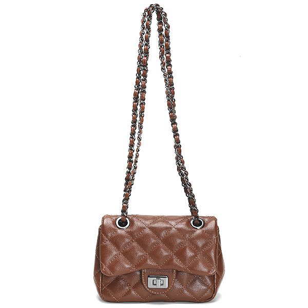 Bolsa Feminina Couro Legitimo Matelassê Mini Bag - Marrom C/ Grafite