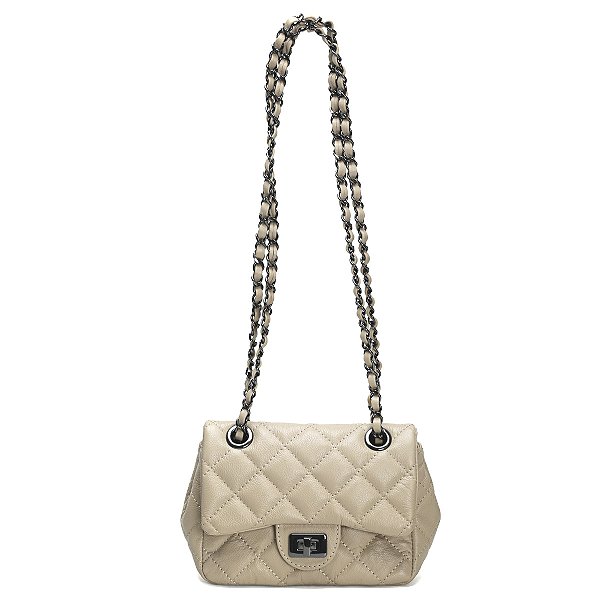 Bolsa Feminina Couro Legitimo Matelassê Mini Bag - Nude C/ Grafite