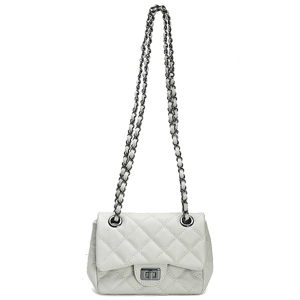 Bolsa Feminina Couro Legitimo Matelassê Mini Bag - Off-white C/ Grafite