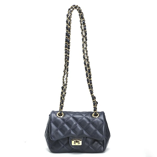 Bolsa Feminina Couro Legitimo Matelassê Mini Bag - Azul Marinho C/ Dourado