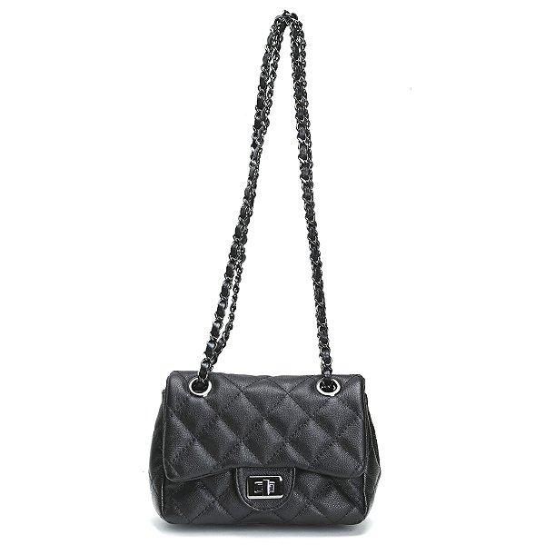 Bolsa Feminina Couro Legitimo Matelassê Mini Bag - Preta C/ Grafite
