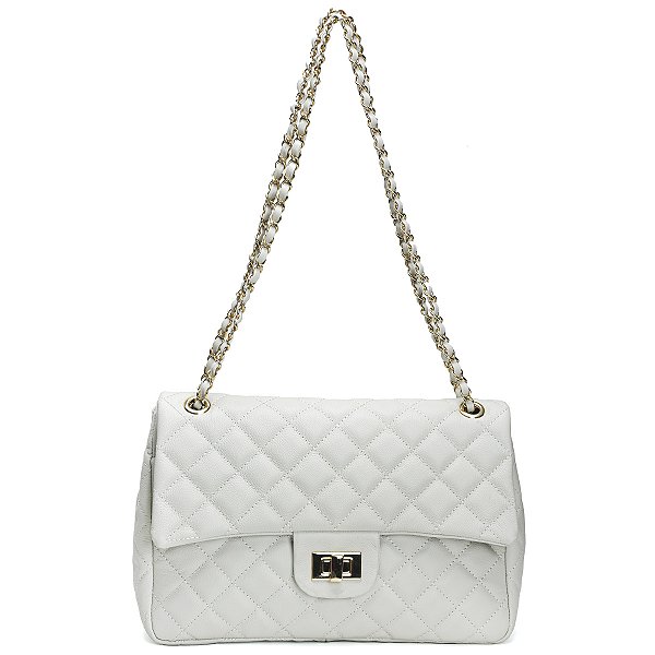 Bolsa Feminina Couro Legitimo Matelassê Grande Off-white C/ Dourado