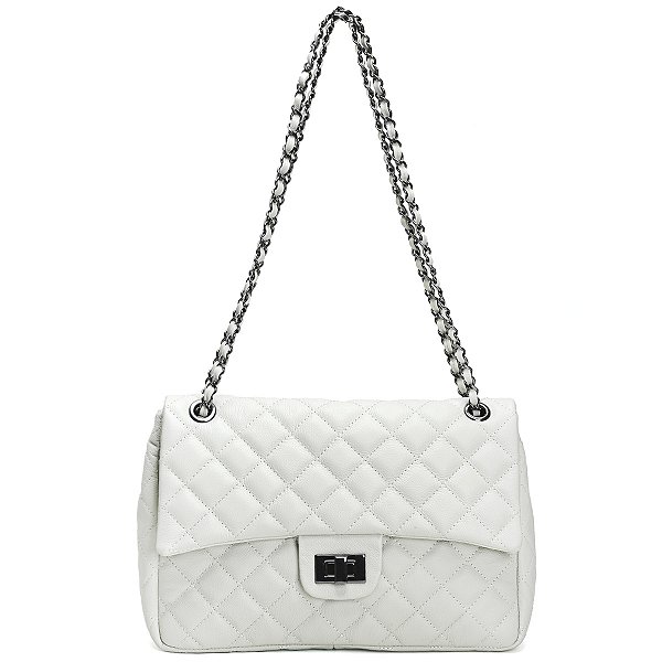 Bolsa Feminina Couro Legitimo Matelassê Grande Off-white C/ Grafite