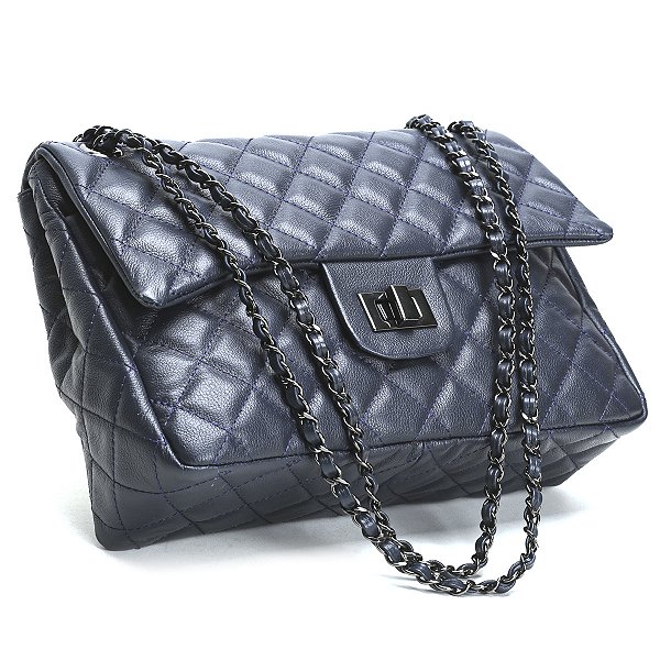 Bolsa Feminina Couro Legitimo Matelassê Grande Azul C/ Grafite