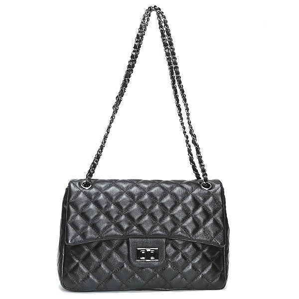 Bolsa Feminina Couro Legitimo Matelassê Grande Preto C/ Grafite