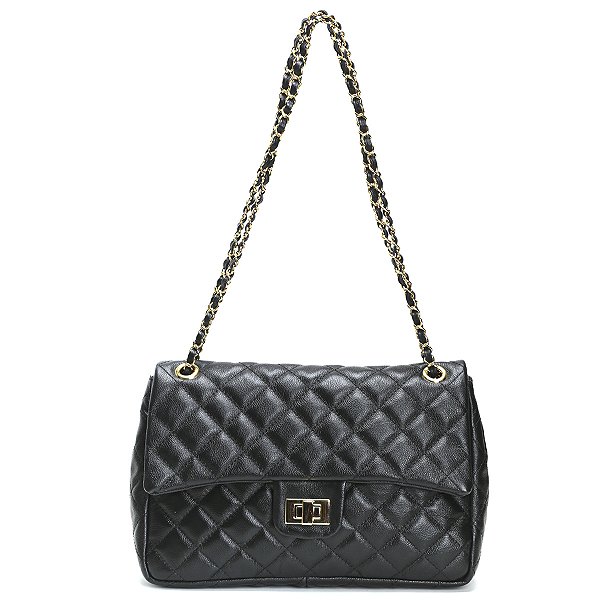 Bolsa Feminina Couro Legitimo Matelassê Grande Preto C/ Dourado