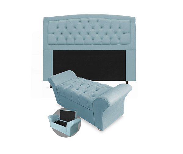Kit Cabeceira Geovana e Calçadeira Veneza 140cm suede Azul Turquesa