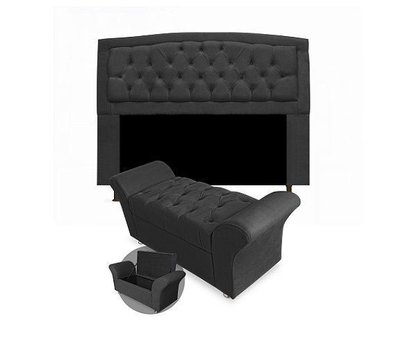 Kit Cabeceira Geovana e Calçadeira Veneza 100cm suede Preto