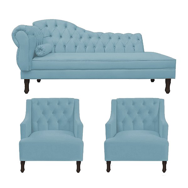 Divã Cancun 185cm Esquerdo+2 Poltronas Genesis Azul Turquesa