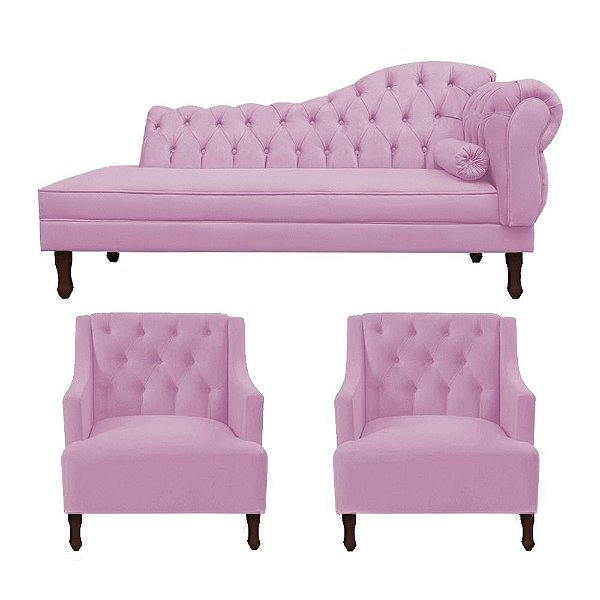 Divã Cancun 140cm Esquerdo + 2 Poltronas Genesis Rosa