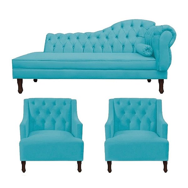 Divã Cancun 160cm Esquerdo + 2 Poltronas Genesis Azul Turquesa