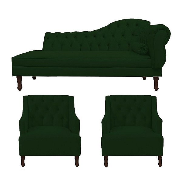 Divã Cancun 160cm Esquerdo + 2 Poltronas Genesis Verde