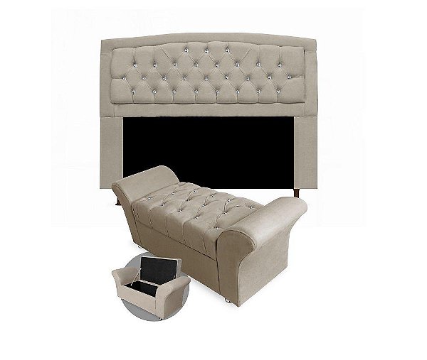 Kit Cabeceira Geovana + Calçadeira Veneza Casal 140cm com Strass Suede