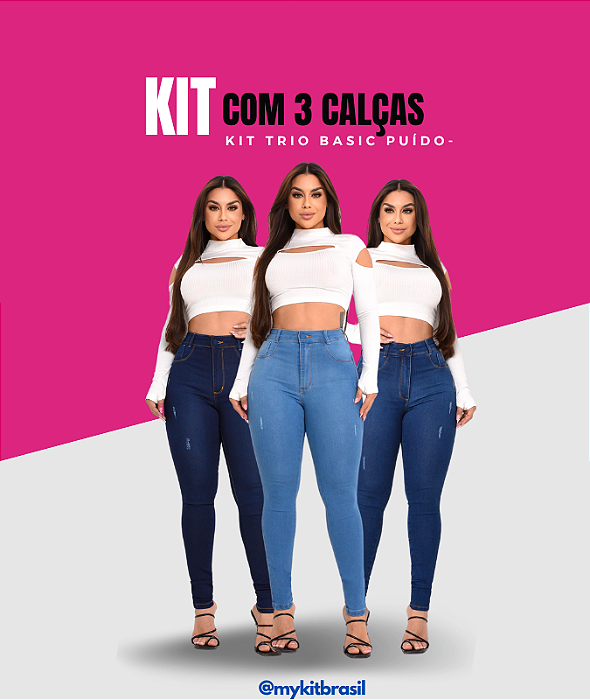 Kit 3 Calças Femininas Básicas com Puídos (Three Basic Blue)