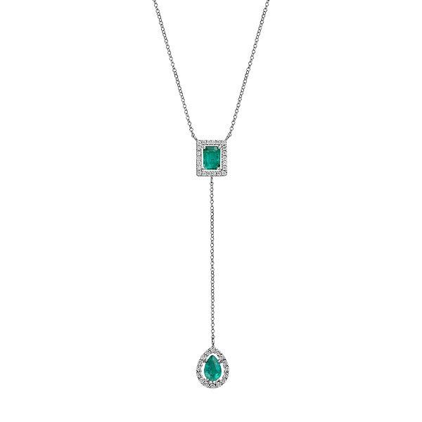 Colar gravatinha Vênus em ouro branco com esmeralda quadrada e gota cravejado com diamantes
