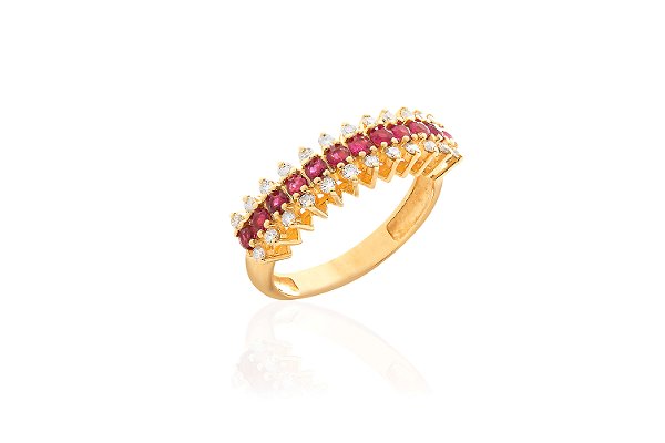 Meia aliança em ouro amarelo com diamantes e rubis