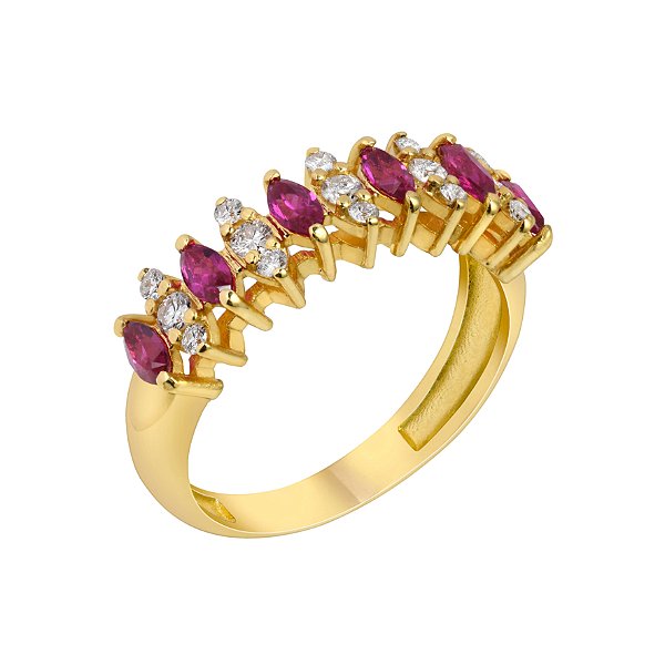 Meia aliança em ouro amarelo com diamantes e rubis