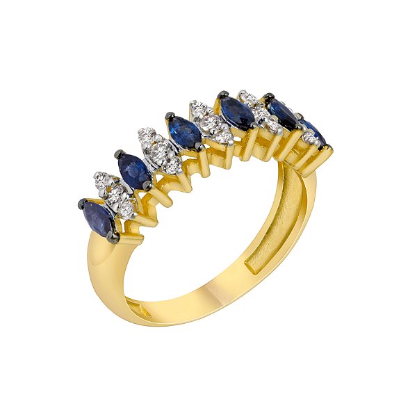 Meia aliança em ouro amarelo com diamantes e safiras