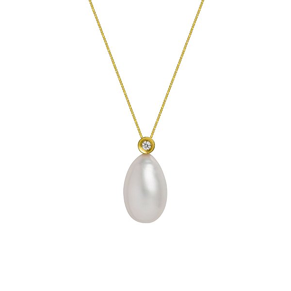 Colar em ouro amarelo com pérola gota e diamante