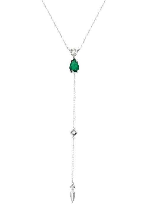 Colar gravatinha Vênus em ouro branco com esmeralda e diamantes
