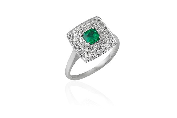 Anel Vênus em ouro branco com esmeralda, rubis e diamantes