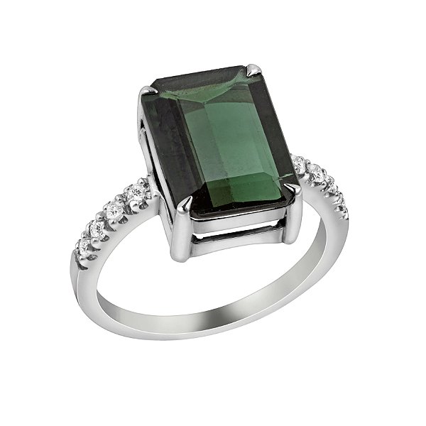 Anel em ouro branco com turmalina verde e diamantes