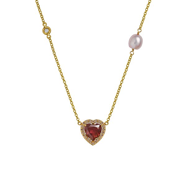 Colar em ouro amarelo com pérolas, diamantes e turmalina