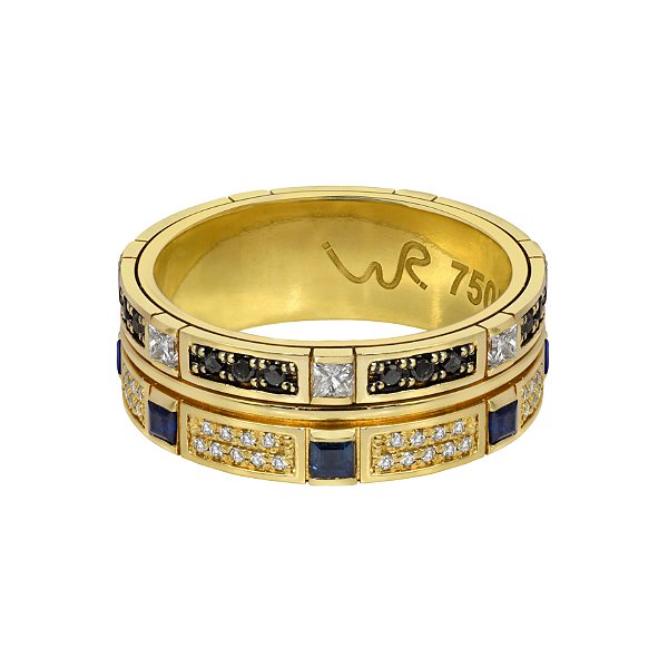 Anel giratório em ouro amarelo com diamantes, diamantes negros e safiras
