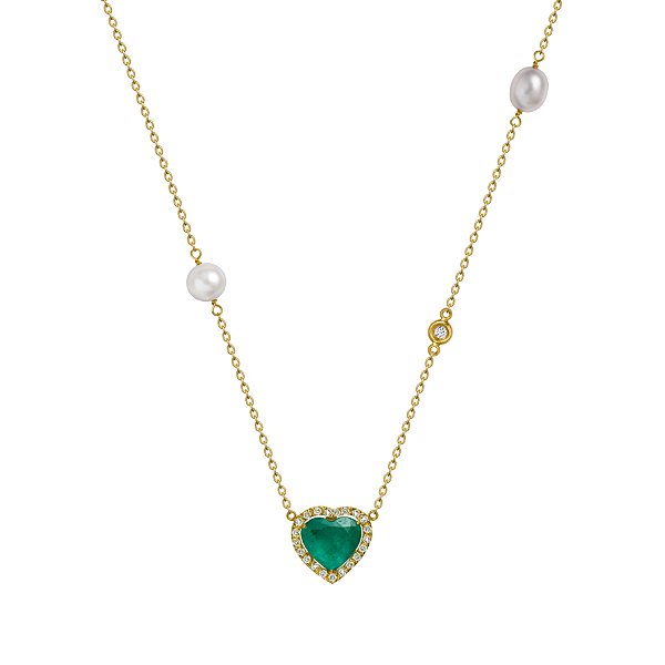 Colar em ouro amarelo com esmeralda, pérolas e diamantes