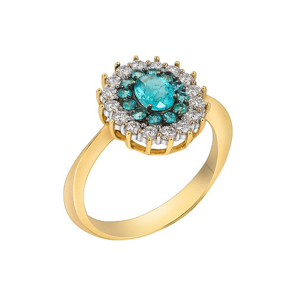 Anel em ouro amarelo com turmalinas paraíbas e diamantes