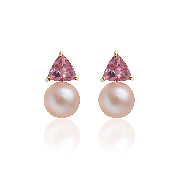 Brincos em ouro amarelo com pérola rosa e turmalina