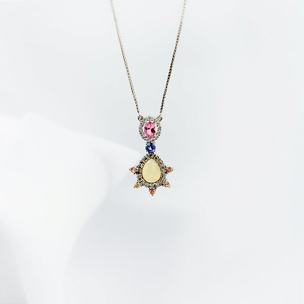 Colar em ouro branco com opala, safira, tanzanita, granada e diamantes