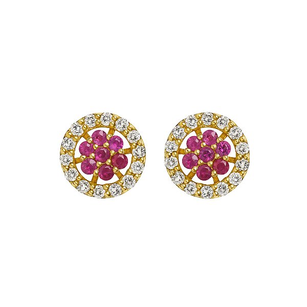 Brincos em ouro amarelo com rubis centrais cravejado com diamantes