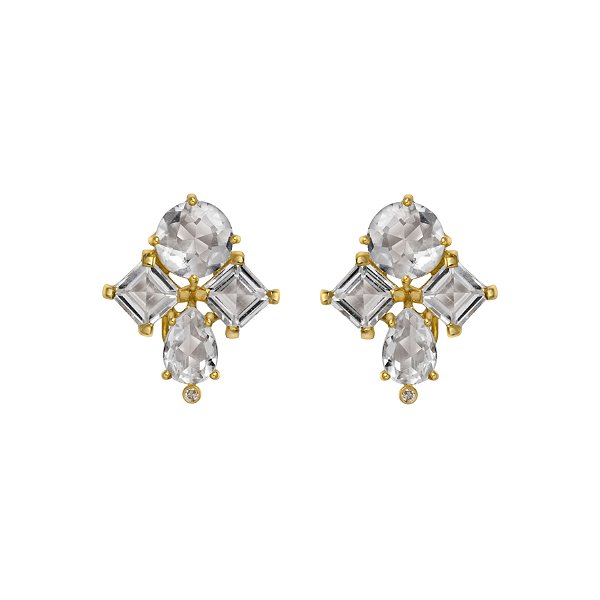 Brincos em ouro amarelo com cristais de quartzo e diamante
