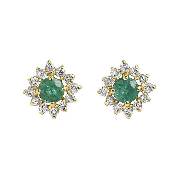 Brinco em ouro amarelo com esmeralda e diamantes