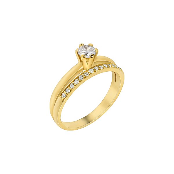 Anel solitário em ouro amarelo com diamantes e aparador cravejado